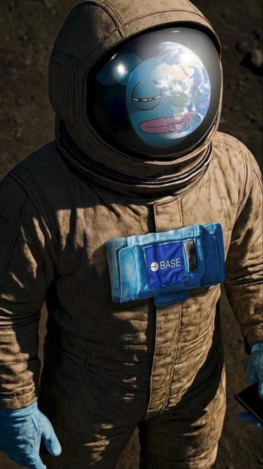 A 3D-rendered astronaut on a barren planet with a distorted, meme-like face reflected in the helmet visor; the chest patch reads 'BASE'.