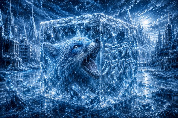 A snarling wolf is frozen inside a massive block of ice amidst a frozen, apocalyptic cityscape. The icy prison serves as a metaphor for the CLARITY Act being "put on ice" or delayed until September.