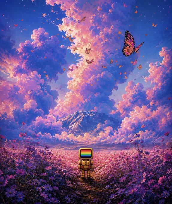 A dreamy digital illustration of a small robot with a rainbow-colored screen standing in a field of pink flowers, with a snow-capped mountain, pink clouds, and butterflies filling the sky.