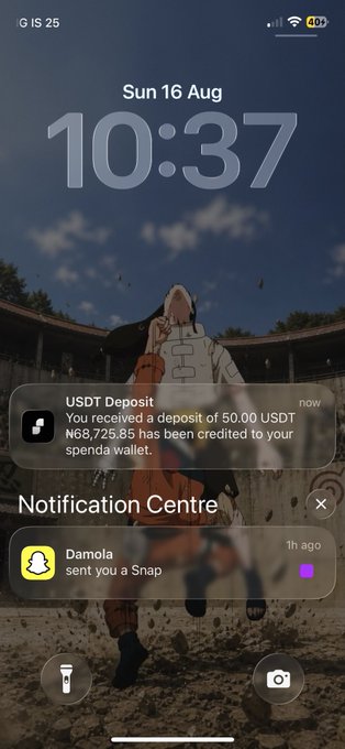 An iPhone lock screen displays the time 10:37 AM on Sunday, August 16th, along with two notifications: a USDT deposit notification showing ₦68,725.85 credited to a spend wallet, and a Snapchat message from "Damola." The image aligns with the post's theme of a financially successful week, visually confirming the receipt of a crypto deposit that contributed to the user's recent earnings.
