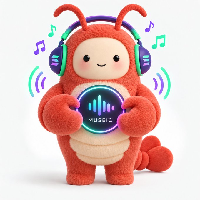 A cute red plush mascot wearing headphones and holding a glowing circular badge labeled "MUSEIC" with colorful musical notes around it.