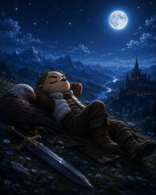 A weary chibi warrior wearing a laurel crown naps peacefully against a majestic eagle under a luminous full moon, with his sword resting beside him and a distant castle glowing in the valley below. The tranquil scene mirrors the post's message about rest and recharging before continuing important work, symbolizing a well-earned pause in the journey of building something meaningful like @CNPYNetwork.