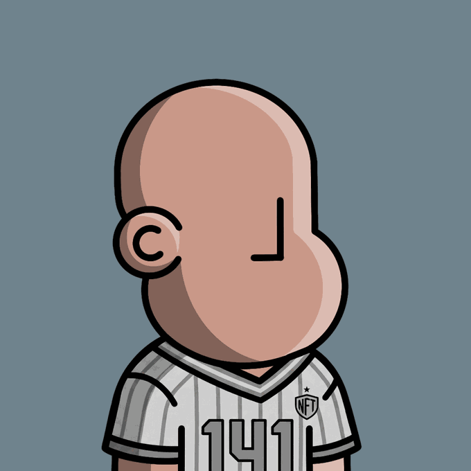 A cartoon illustration of a bald figure in profile wearing a gray and white striped soccer jersey with the number '11' and an 'NFT' shield logo.