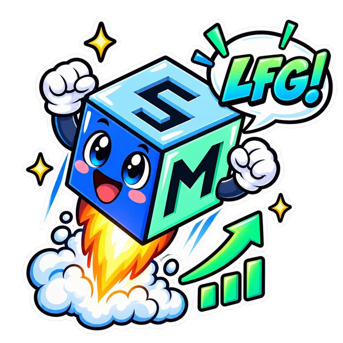 A colorful cartoon cube mascot marked with an “S” on top and “M” on the side flies upward on flames and clouds, accompanied by the text “LFG!” and a rising green chart arrow.