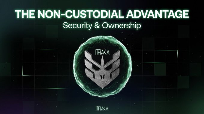 A promotional graphic with the text 'THE NON-CUSTODIAL ADVANTAGE Security & Ownership' at the top, featuring a circular ITHACA logo with a stylized emblem on a dark green digital background.