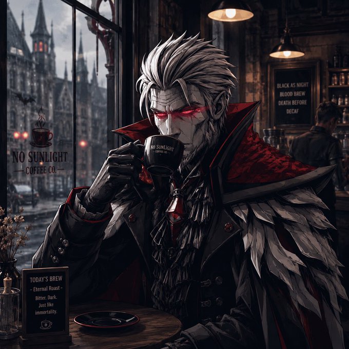 Anime-style illustration of a white-haired vampire-like character with glowing red eyes drinking from a "NO SUNLIGHT COFFEE CO." mug, featuring menu text like "Eternal Roast - Bitter. Dark. Just like immortality." and a "BLACK AS NIGHT, BLOOD BREW, DEATH BEFORE DECAF" sign.