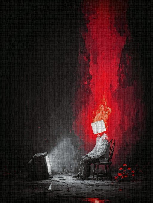 A dark, surreal digital painting of a person sitting on a chair with a television for a head, with flames erupting from the top and red light streaming upward.