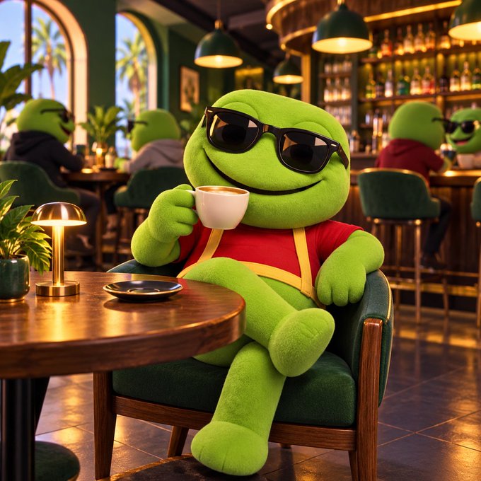 An AI-generated image of a green frog-like character wearing sunglasses and a red and yellow outfit, sipping from a coffee cup at a cafe.