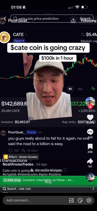 A TikTok-style screenshot shows @PoorGoat pointing upward with text "$cate coin is going crazy $100k in 1 hour" overlaying a candlestick chart for CATE trading at $0.000...5424 with a $142,689.6 portfolio, while the caption references creating a "monster" around the $cate meme coin hype.