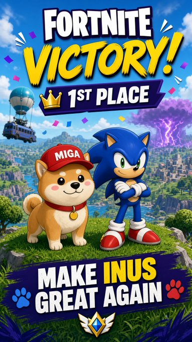 A vibrant promotional graphic reading 'FORTNITE VICTORY! 1ST PLACE' and 'MAKE INUS GREAT AGAIN', featuring characters resembling Sonic the Hedgehog and a Shiba Inu dog wearing a 'MIGA' hat.