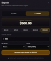 A small, dark-themed screenshot of a cryptocurrency trading app showing a balance of '$900.00' on what appears to be a deposit or withdrawal interface.