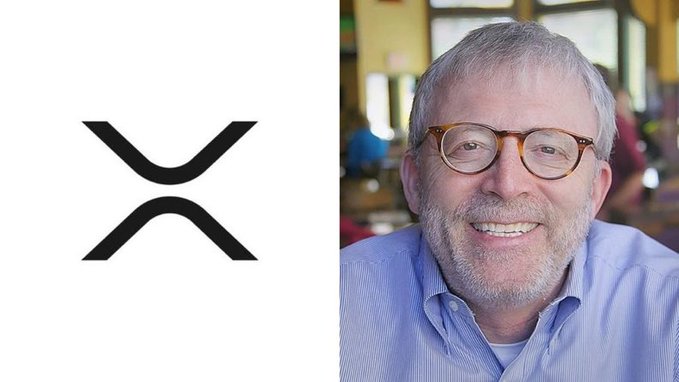 An image split into two halves: the XRP cryptocurrency logo on the left and a headshot of a smiling man with glasses and a beard on the right.