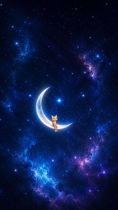 A whimsical digital illustration of a small orange cat sitting on a glowing crescent moon against a vibrant blue and purple starry galaxy background.