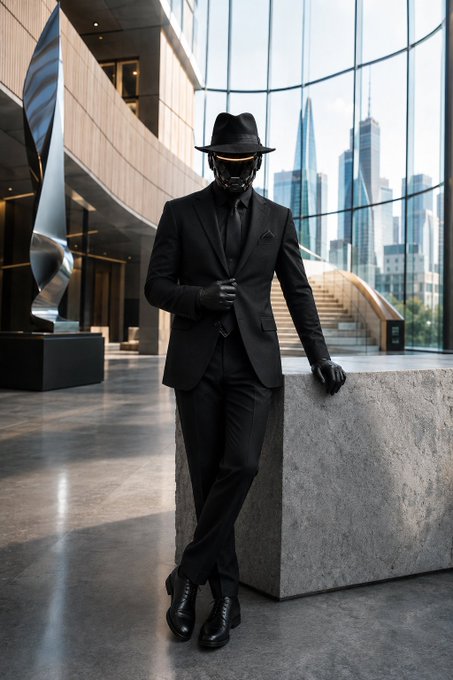 A mysterious figure wearing a black suit, fedora, and reflective face mask leans against a concrete pillar in a modern, glass-walled building with a city skyline visible in the background.