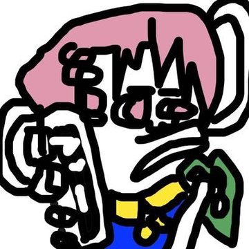 A crudely drawn cartoon illustration of a figure with pink hair or a pink head covering, wearing a colorful outfit, drinking from a cup.