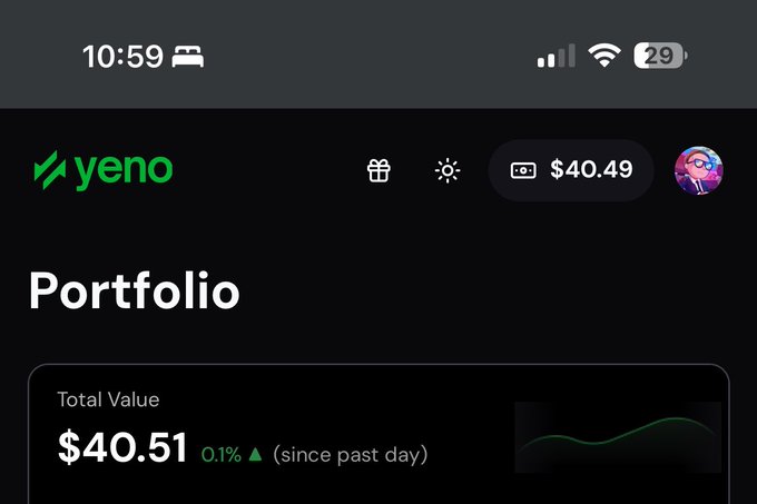 A screenshot of the Yeno app displaying a Portfolio with a Total Value of $40.51, up 0.1% since the past day, and a balance of $40.49 shown at the top. The post appears to celebrate a successful prediction involving a small crypto deposit, encouraging others to share their Yeno Solana addresses for tips.