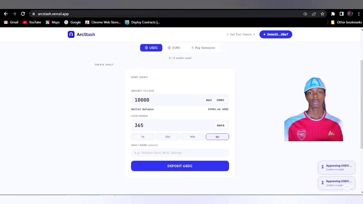 The image displays a computer screen showing an online payment system called "@arcstash" which appears to be built on the Arc web browser. There are several details, including a user's name and their profile picture. The screen also shows a list of funds, where one of them is named 10,000 USDC (US Dollar Crypto Currency). Another fund is labeled 6000 EURC (Euro Crypto Currency), suggesting that it might be used in a foreign exchange context. Additionally, the image captures what appears to be an account summary or transaction details for both funds, which can provide information about their balances and other relevant data. The post provides insights into how to use this payment system effectively.