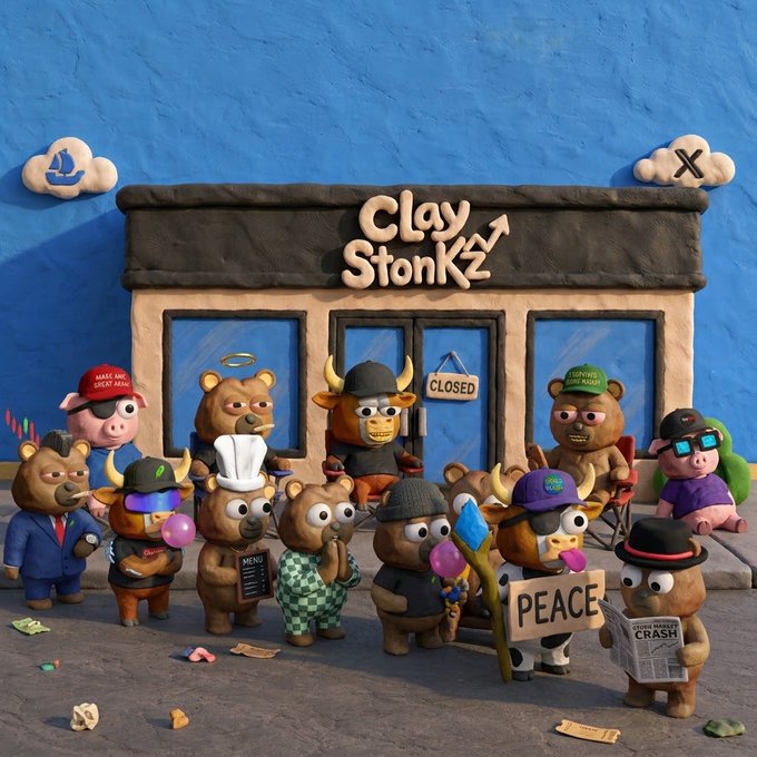 A group of cartoonish clay figurines, including bears, bulls, and pigs, gather outside a storefront labeled 'Clay Stonkz' with a 'CLOSED' sign, with some holding signs reading 'PEACE' and 'MENU'.