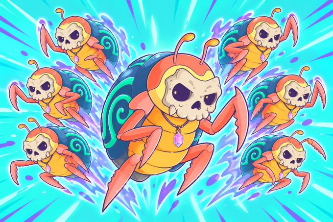 Cartoon hermit crabs with skull faces wearing gem necklaces are arranged in a symmetric pattern on a bright cyan background. The image metaphorically represents the resilience and rebirth of the NFT community, evoking themes of hidden treasures emerging from closed shells—much like UnVault stepping in to support creators, collectors, and marketplaces affected by Blur's shutdown.