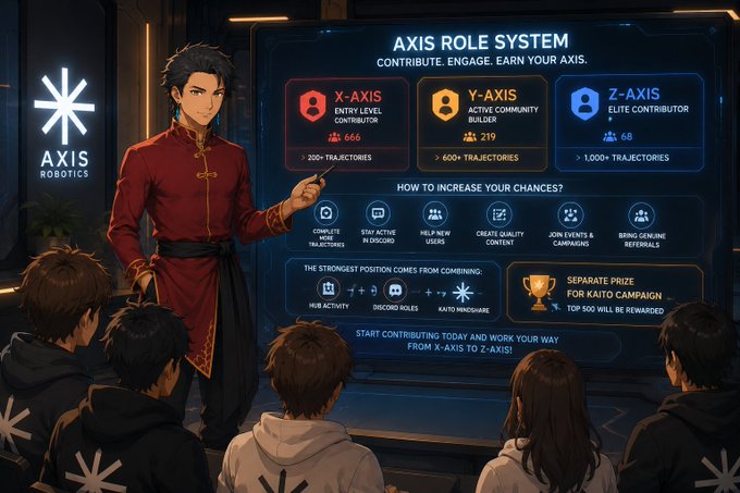 Anime-style illustration of a presenter in a red traditional outfit standing before a screen displaying the 'AXIS ROLE SYSTEM' for AXIS Robotics, showing X-AXIS, Y-AXIS, and Z-AXIS contribution tiers with icons for Discord, community, and content creation.