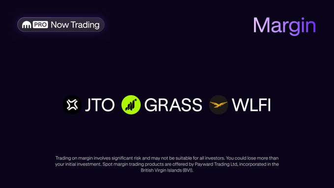 Kraken Pro promotional graphic announcing new margin trading pairs, featuring the tickers **JTO**, **GRASS**, and **WLFI** alongside the "Now Trading" and "Margin" headings, with a disclaimer noting that margin products are offered by Payward Trading Ltd and involve significant risk.