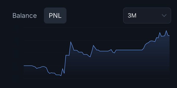 A dark-themed financial chart interface showing a 'PNL' (Profit and Loss) graph with a 3M timeframe, displaying a generally upward trending blue line.