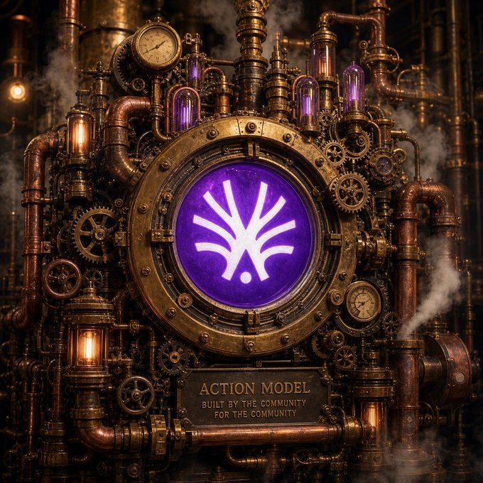 The image features a large, intricate steam engine with gears and pipes that are part of an action model. The steam engine has a purple logo on its center, which reads "action model" along with the words "built for the community". This action model is designed to simulate real-life actions in a digital environment, allowing users to interact with it as if they were actually performing those actions. The steam engine and its components are made of metal pipes and gears, giving it an industrial appearance that complements the overall theme of the image.