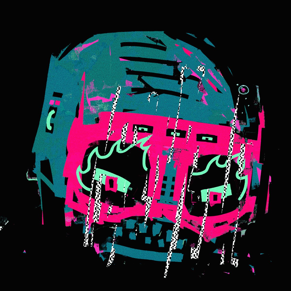 A closeup of a head with big eyes and two small teeth. The image appears to be a graphic or artistic rendering, possibly for an online advertisement featuring cryptocurrency trading.