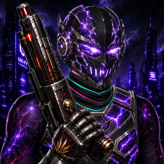 A futuristic purple-armored character with glowing eyes holds a large sci-fi weapon, set against a cyberpunk cityscape with 'UNI-FY' and 'SOLARA' signs visible.