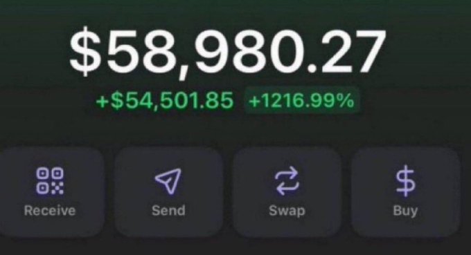 A cryptocurrency wallet interface displaying a balance of $58,980.27 with gains of +$54,501.85 (+1216.99%) in green, featuring buttons for Receive, Send, Swap, and Buy functions.