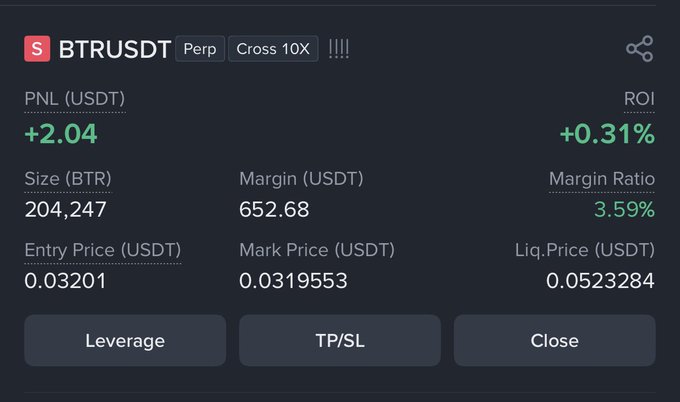 The image is a trading interface showing a BTR/USDT perpetual position with Cross 10X leverage, displaying an unrealized PNL of +2.04 USDT (+0.31% ROI), a position size of 204,247 BTR, entry at 0.03201, and mark price at 0.0319553 USDT. This screenshot appears to support the post's claim about a profitable trade setup on $BTR, likely intended as proof of concept to attract others to the Telegram group.