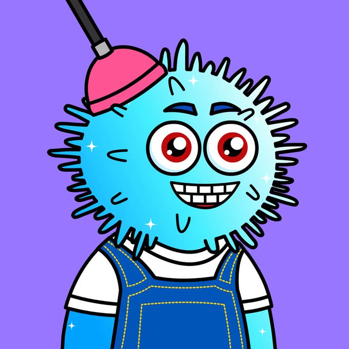 A cheerful cartoon character featuring a spiky, light-blue sea urchin-like head wearing a pink plunger hat and blue overalls is depicted against a purple background, representing the "UrchinFrens" NFT collection mentioned in the post about buying more tokens on the way up to $10.