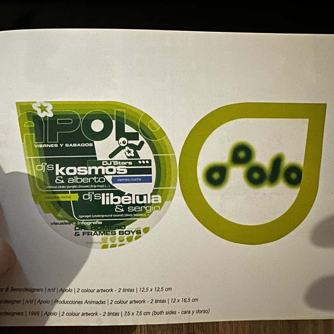 A printed page showing two graphic design logos, one labeled 'APOLO' featuring a small character and listing DJs like 'kosmos & alberto', and a green circular logo reading 'apolo'.