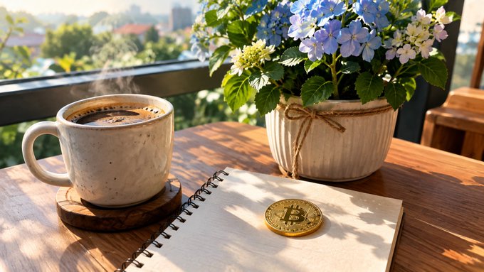 A serene scene featuring a steaming cup of coffee beside a potted hydrangea plant and a gold Bitcoin coin resting on a notebook on a wooden table.