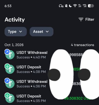 Mobile app screenshot showing cryptocurrency activity on October 1, 2026, with four USDT transactions including withdrawals and deposits.