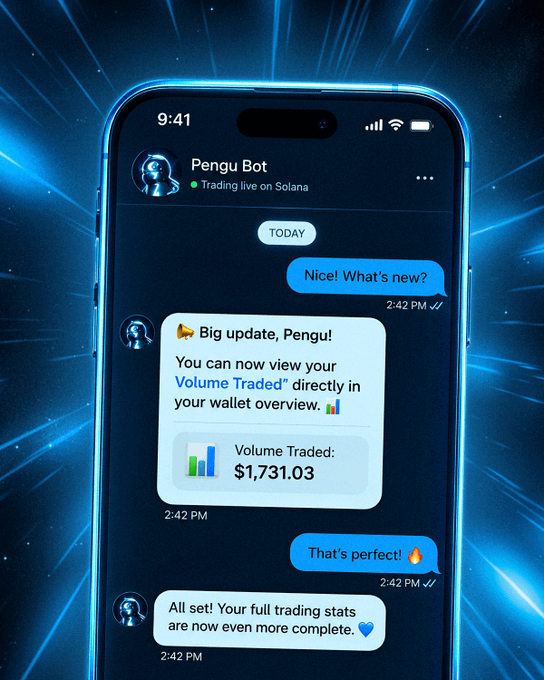 Screenshot of a Telegram chat with 'Pengu Bot' about trading on Solana, showing an update about new 'Volume Traded' tracking features displaying $1,731.03.