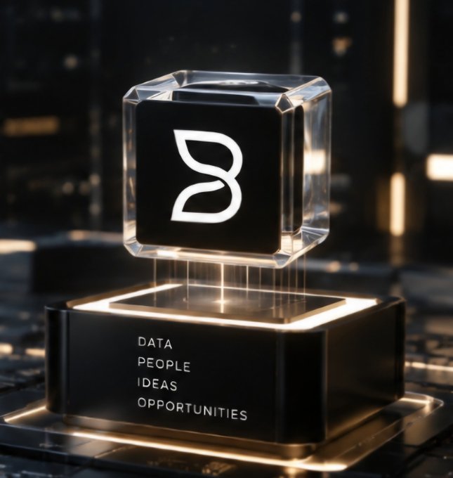A futuristic glass cube displaying a stylized white logo floats above an illuminated black pedestal inscribed with the words 'DATA', 'PEOPLE', 'IDEAS', and 'OPPORTUNITIES' against a dark, glowing background.