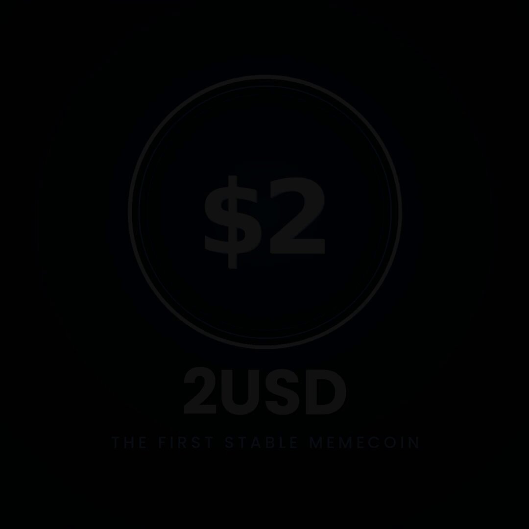 The image features a black background with white text that reads "2USDC" at the center of the frame. The text is surrounded by a circle, which has a dollar sign inside of it. The text also includes the words "the first stable memecoin".