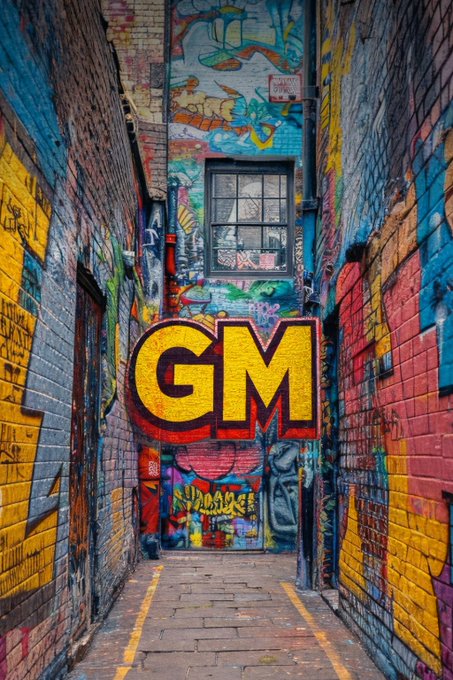 A graffiti-covered alleyway featuring a large mural with the letters 'GM' in yellow.