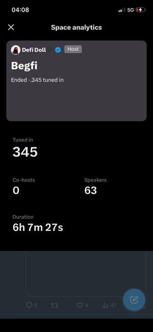 A screenshot of X (formerly Twitter) Space analytics for a space hosted by 'Defi Doll' titled 'Begfi', showing it ended with 345 tuned in, 0 co-hosts, 63 speakers, and a duration of 6h 7m 27s.