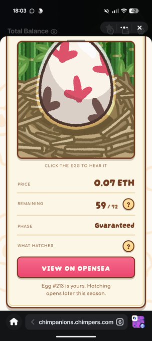 A mobile screenshot of a Chimpanions NFT page showing Egg #213 priced at 0.07 ETH, with 59/72 remaining and 'Hatching opens later this season.'