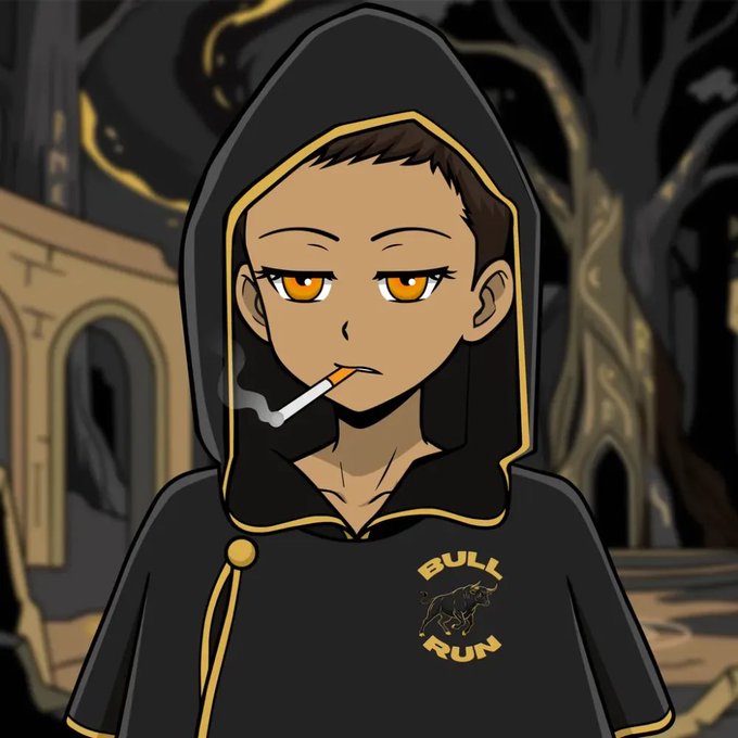 A stylized anime character with golden eyes wears a black hoodie featuring a "BULL RUN" emblem with a charging bull, while smoking a cigarette in a moody, golden-hued background—visually reinforcing the post's bullish crypto sentiment.