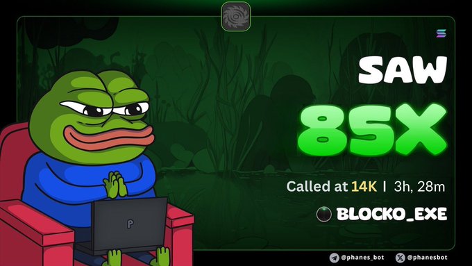 A graphic featuring a green Pepe the Frog character using a laptop displays the text "SAW 85X" and "Called at 14K | 3h, 28m", along with the handle "BLOCKO_EXE" and social media links for @phanes.bot.