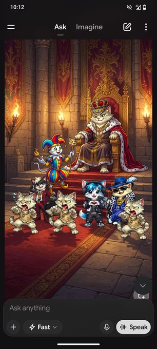 A screenshot of an AI image generation app showing an image of a cat king on a throne surrounded by court jester cats, with an 'Ask anything' prompt at the bottom.