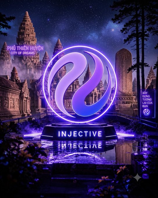 The image features a large neon sign that says "Injective" written in white letters against a purple background with a circle design. The sign is located near a body of water, possibly a lake or pond, surrounded by trees. In addition to the main sign, there are two smaller signs placed on either side of it: one reading "Cá nhân tôi nghĩ vẫn còn rất nhiều người đang Cá nhân tôi nghĩ vẫn có thấp những gì" and another reading "Cá nhân tôi nghĩ vẫn có thấp những gì". These signs, along with the main sign, create a cohesive visual theme for the image.
