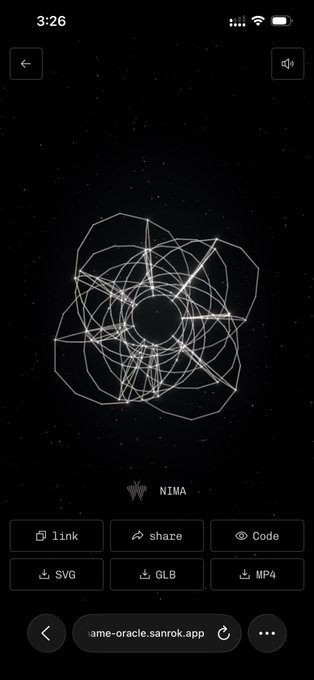 A mobile phone screenshot shows the "NIMA" app interface displaying a complex geometric line drawing, with download options for SVG, GLB, and MP4 formats.