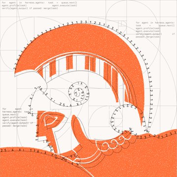 An artistic orange and white illustration featuring a stylized ram's head with curved horns, decorated with geometric patterns, numbers along the horn edges, and small blocks of placeholder text.