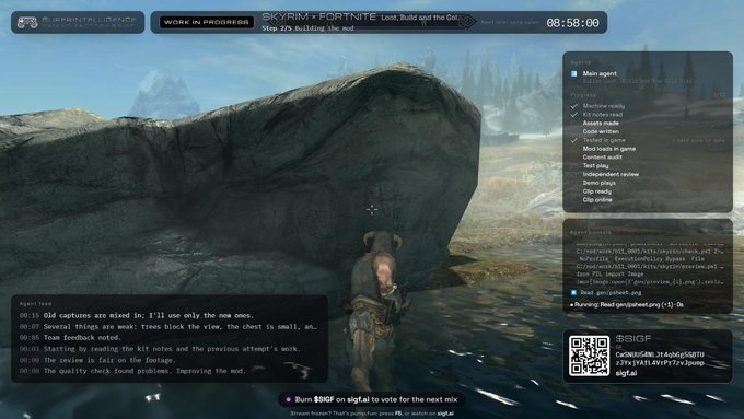 A live stream of a 'Skyrim x Fortnite' mod development stream showing a character in Skyrim with on-screen text tracking progress updates, agent activities, and a countdown timer reading '08:58:00'.