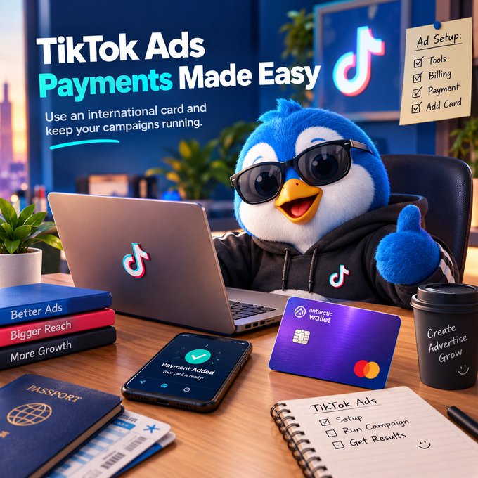 A cheerful penguin mascot wearing sunglasses works on a laptop displaying the TikTok logo, surrounded by promotional items for "TikTok Ads Payments Made Easy," including a purple Antarctic Wallet Mastercard, a phone showing "Payment Added," a passport, and notepads listing ad setup steps—visually reinforcing how an international virtual card solves payment issues for TikTok advertising campaigns.