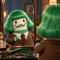 An animated LEGO-style character with green hair looks into a mirror in a dimly lit bathroom, with green vines or pipes on the floor.